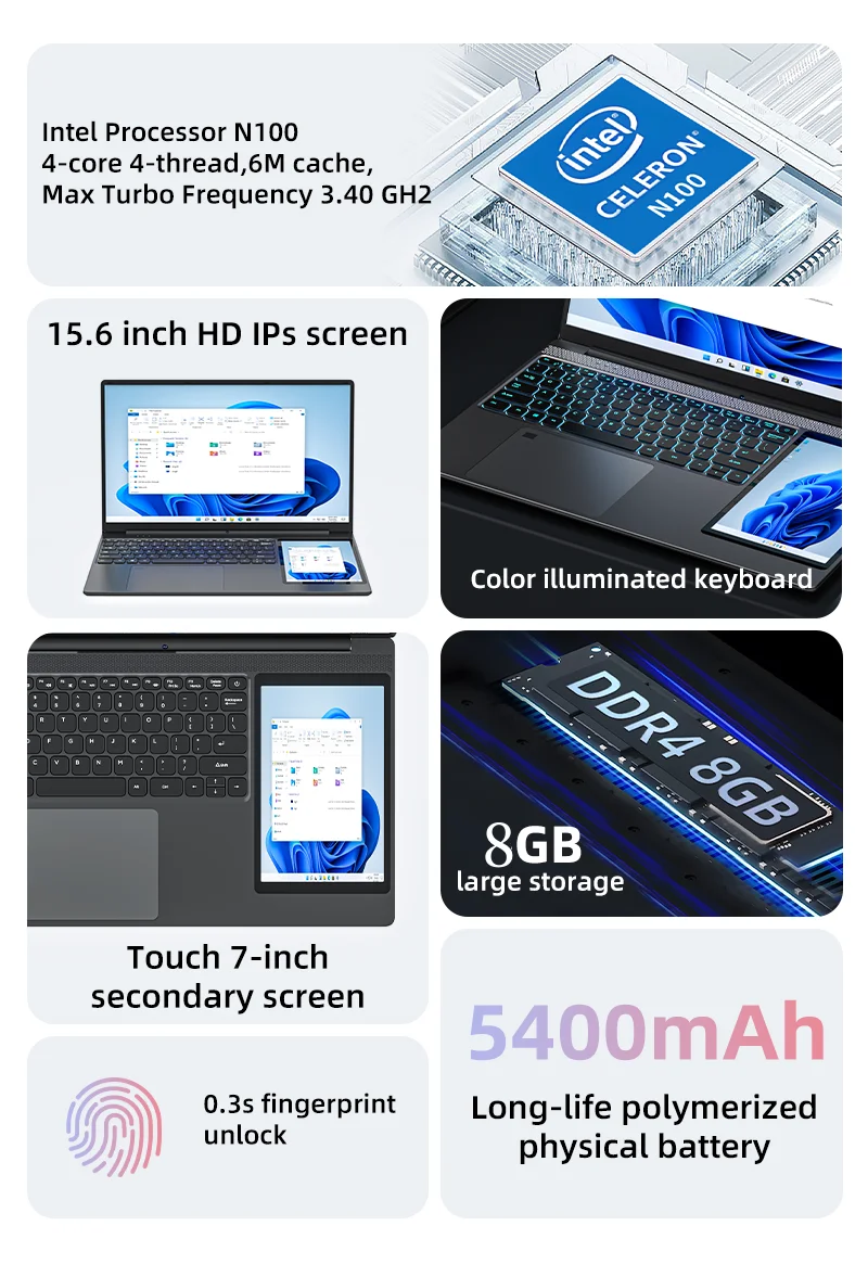 Dual Screen Laptop 15.6" IPS 7" Touch Screen 8G 16GB DDR4 512GB 1TB SSD Intel N100 Windows 11 Notebook Gaming Office PC-Computer 14 S80c2d66a5cf64d2596141b46417098a6d