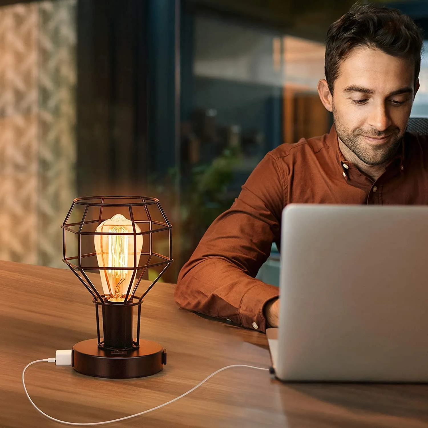 Industrial Table Lamp Small Desk Lamp with USB Charging Port Vintage with Outlet for Bedroom Living Room Nightstand 2 Sets