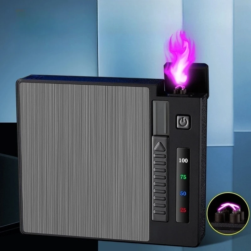 

Creative Metal Automatic Cigarette Electric Double Arc Lighter Multi-Function LED Display Pulse Flameless Ignition Cigarette Box