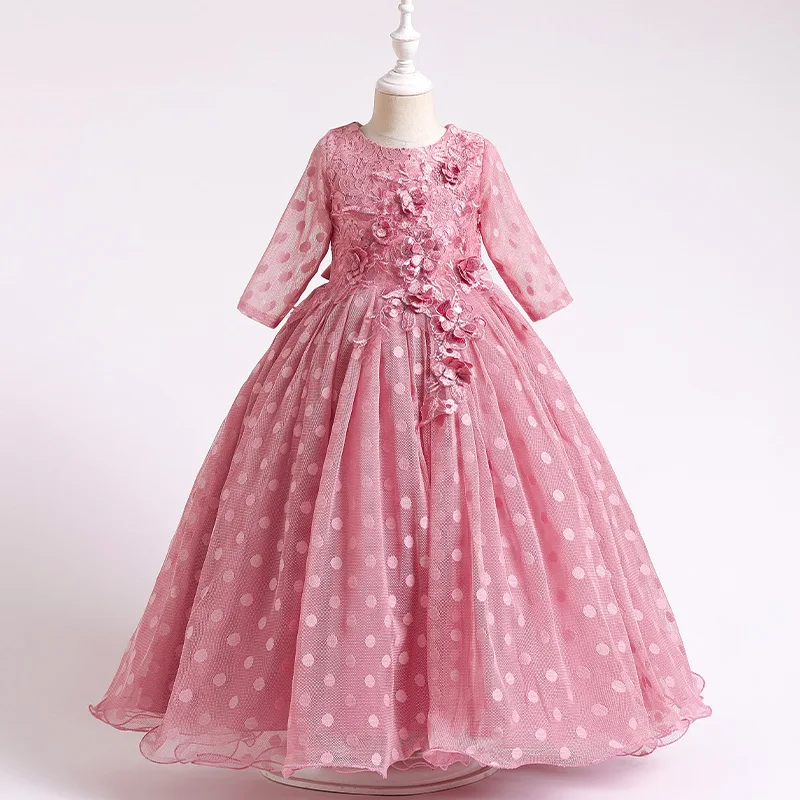 

Flower Girl Dress Long Sleeve Kids Lace Pageant Party Christmas New Year Floor Length Ball Gown First Communion Gowns