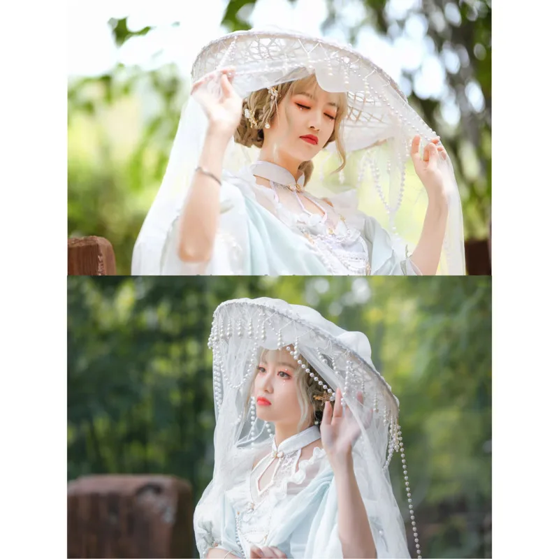 Hanfu Veil Screen Fence Pearl Hat Ancient Xiake Bead Curtain Super Fairy Elegant Sunscreen Hat Cosplay Tian Guan Ci Fu