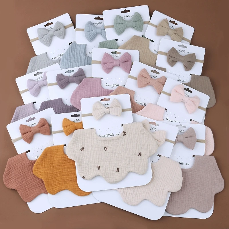 

Newborn Baby Bib Absorbent Saliva Towel with Bowknot Headband Burp Cloth Set for Newborn Toddlers Girls Gift P31B