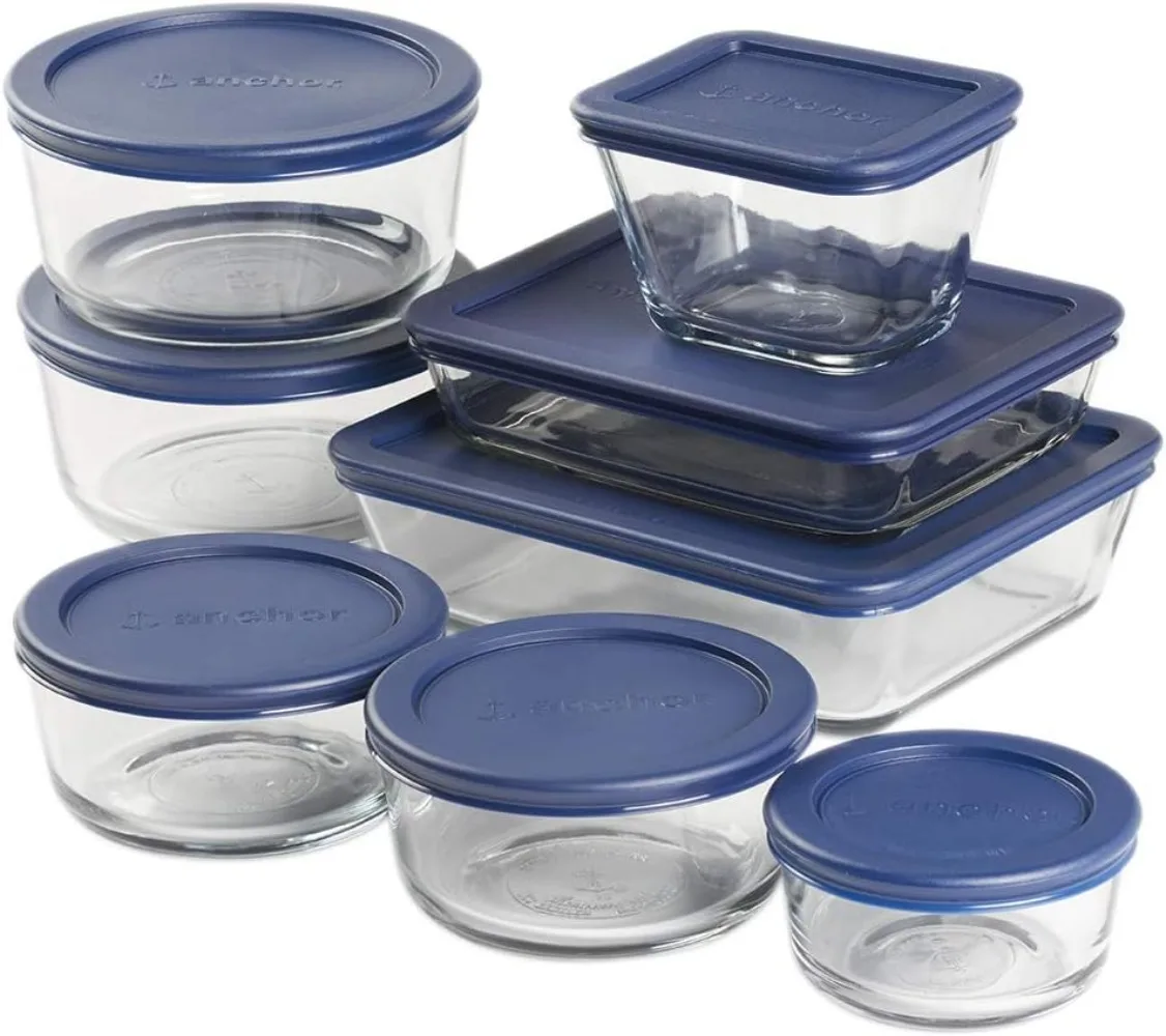 

Anchor Hocking 16 Piece Glass Storage Containers with Lids (8 Glass Food Storage Containers & 8 Navy Blue SnugFit Lids)