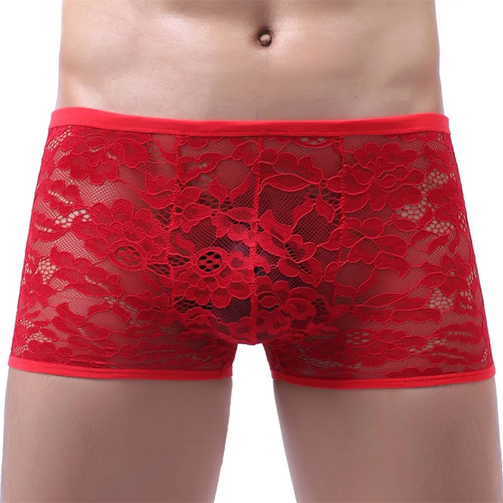 

Sexy Men Trunks Sheer See Through Boxer Briefs U Convex Pouch Underwear Lace Breathable Shorts Underpants Man Boxershorts