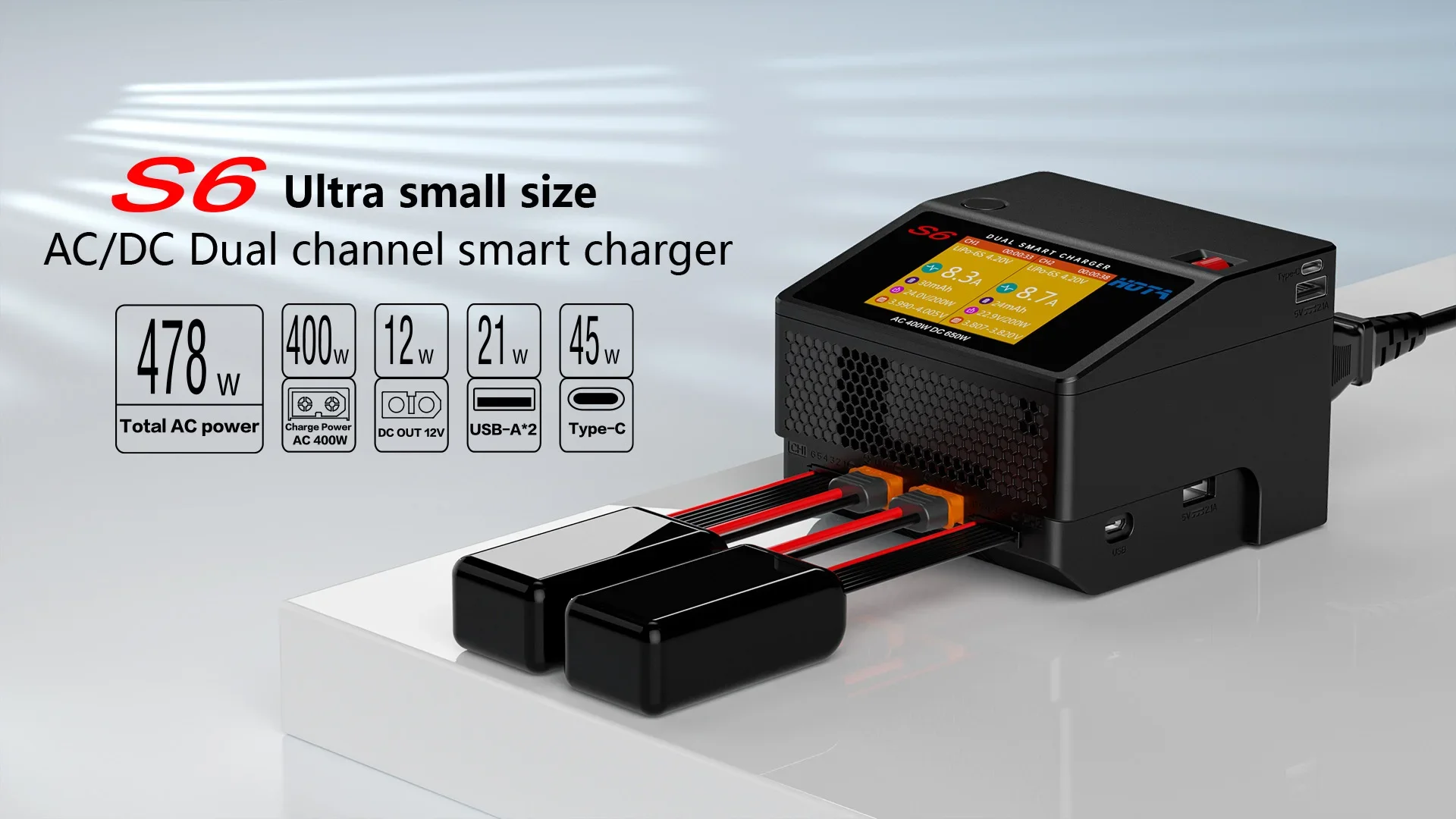 HOTA S6 AC 400W 15A DC 2X325W canal chargeur de batterie intelligent déchargeur Drone de course RC quadrirotor type-c sortie 45W