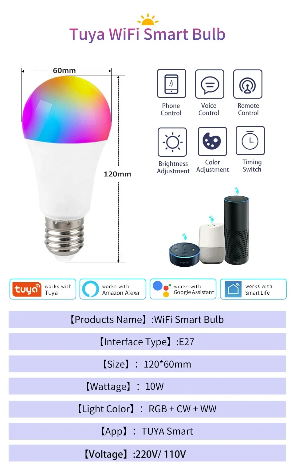 Description Picture 3 of itemTuya Smart WiFi LED Light Bulbs 220V 110V 10W 15W E27 Smart Life APP Alexa Google Home Voice Control Dimmable Home Party Decor