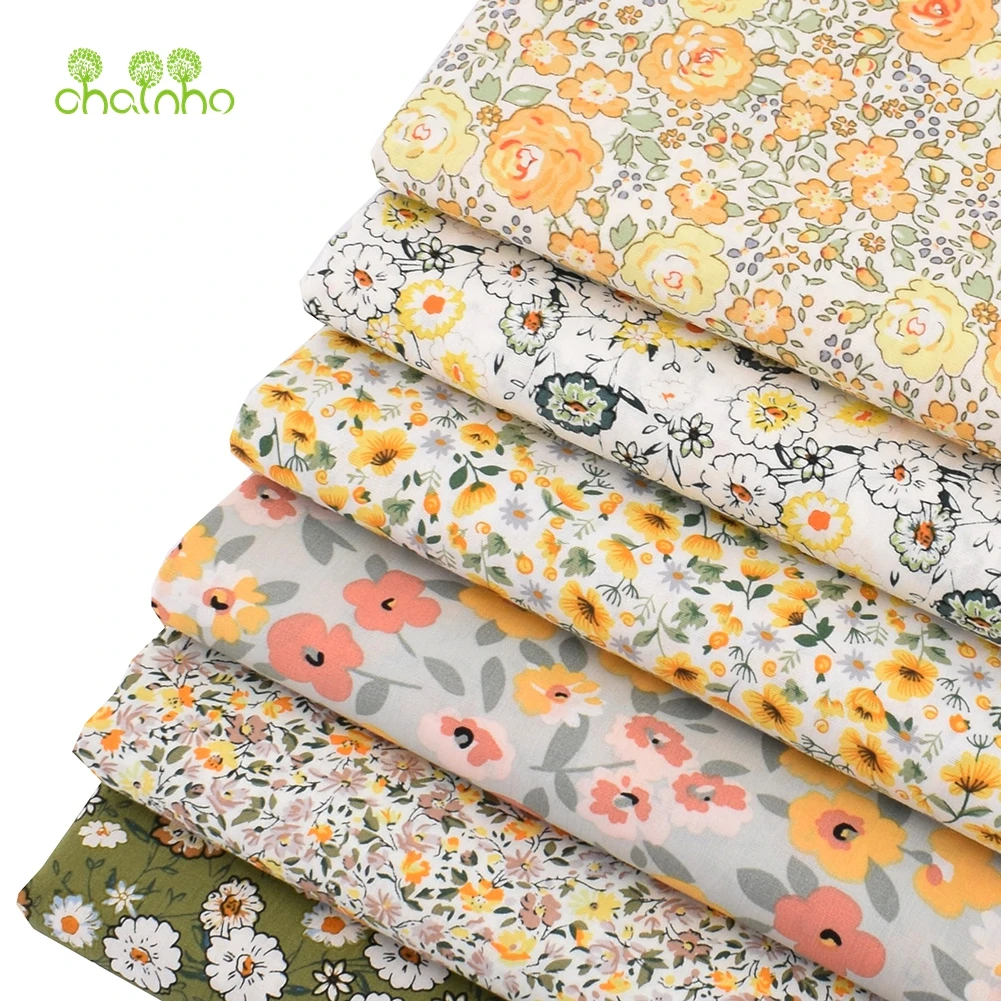 Chainho,Printed Plain Weave Poplin Cotton Fabric,DIY Quilting Sewing Material,Patchwork Cloth,Floral Series,3 Sizes,15PC38