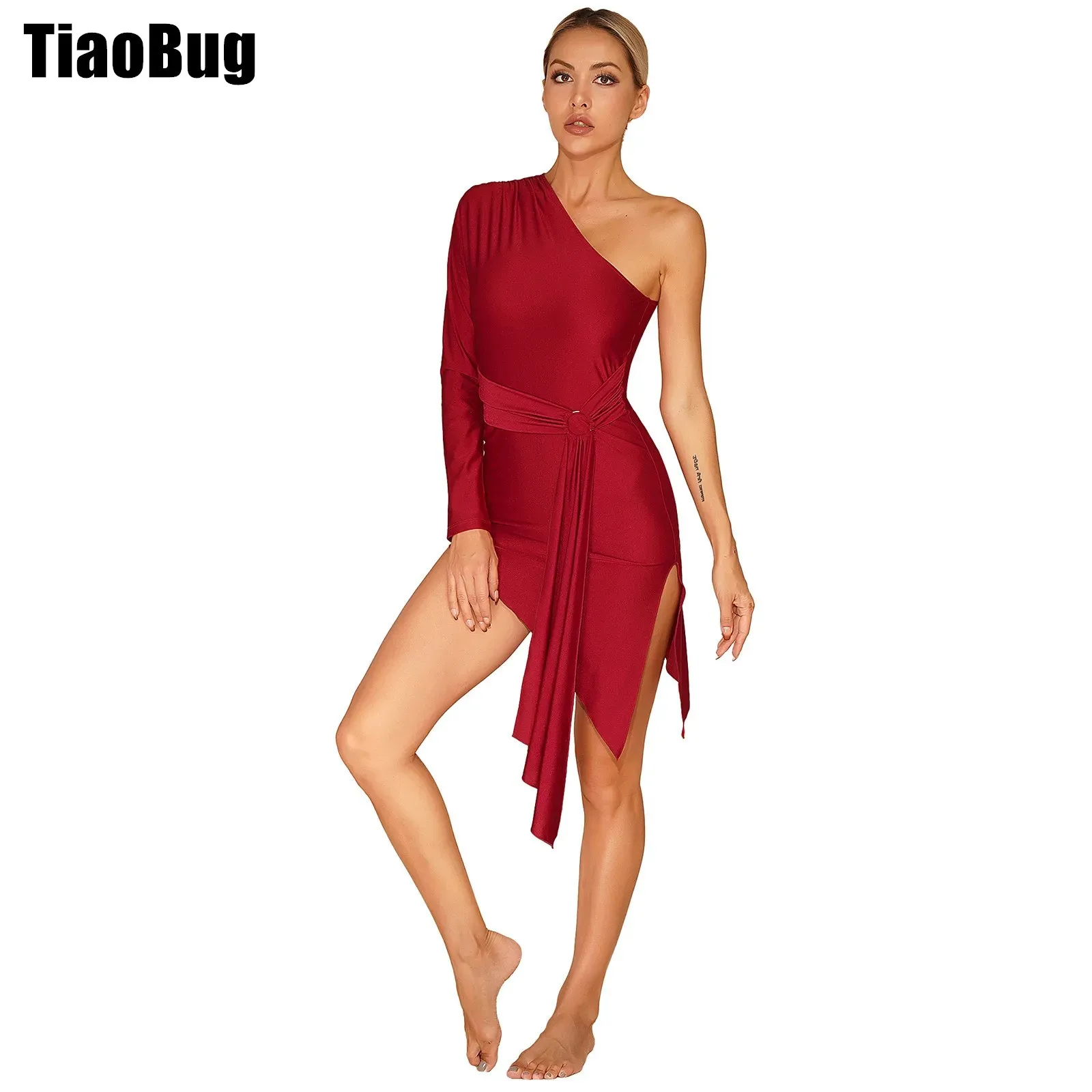 

Womens Asymmetrical Hem Dance Dresses Fashionable One Shoulder Long Sleeve Dress for Latin Tango Samba Cha-Cha Ballroom