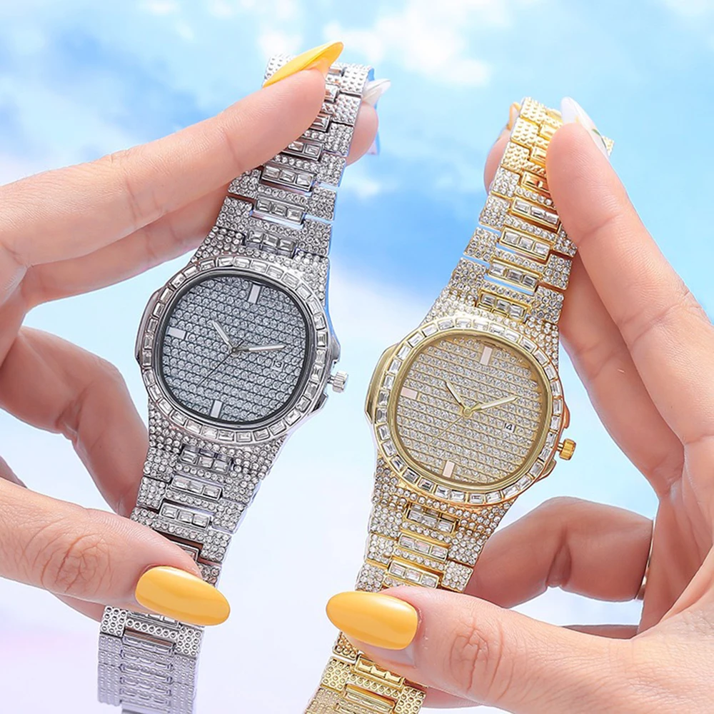 Fashion Luxury Watch Crystal Quartz Female Watch Steel Dress Watch  Zegarek Damski with Women Crystal Big Flower Ring Earrings