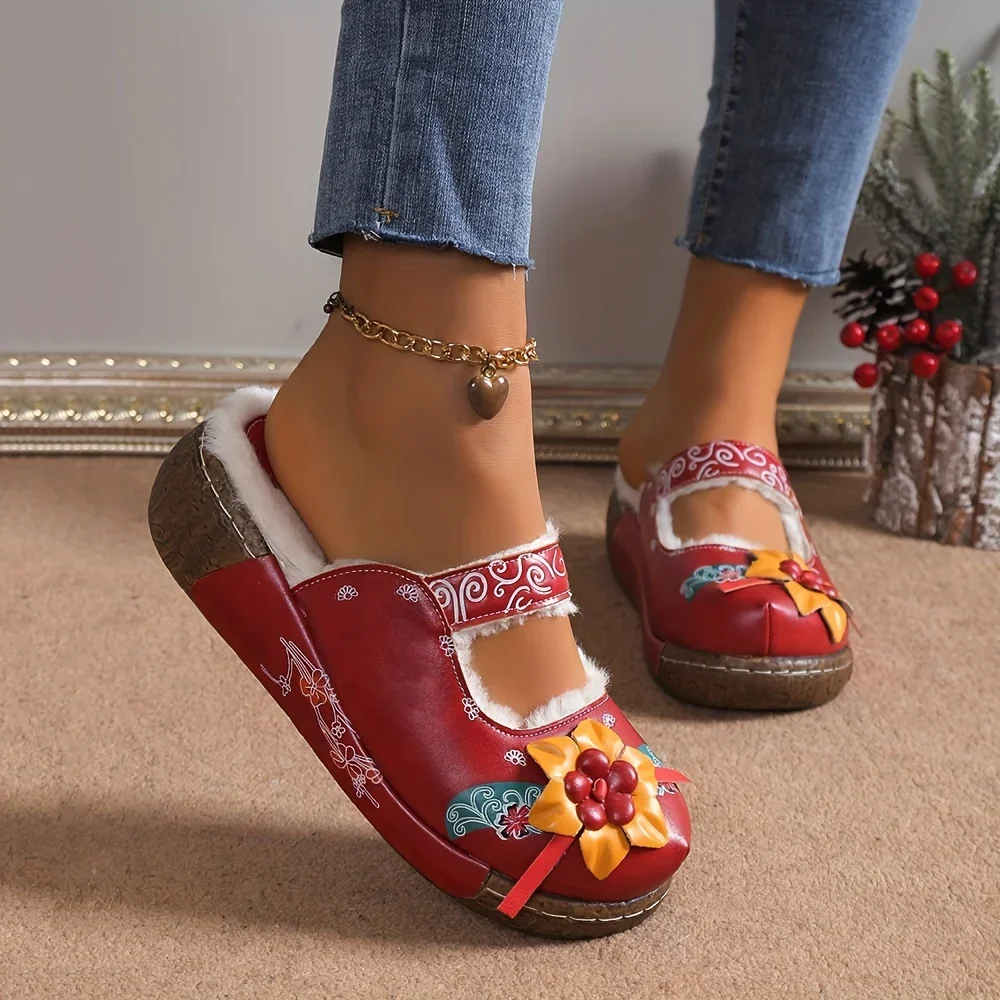 

Women Retro Flower Decor Mules Closed Toe Plush Lined Slip On Shoes Winter Warm Platform Shoes