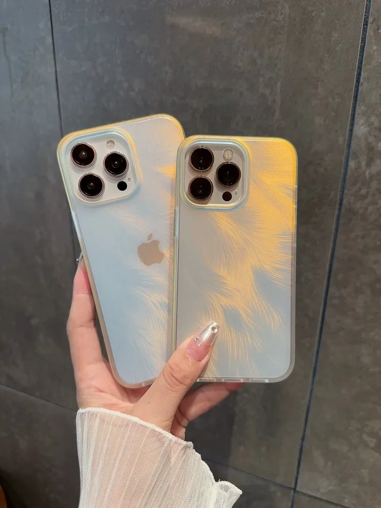 

Suitable for Apple 14promax phone case, new laser gradient iPhone15, ultra-thin frosted 13 feathers, 12 full package, transparen