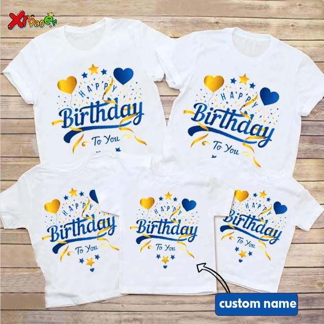 Camiseta de feliz cumpleaños para mujer, trajes familiares a juego, azules doradas, camisa de fiesta con personalizado, ropa de bebé para familiar - AliExpress
