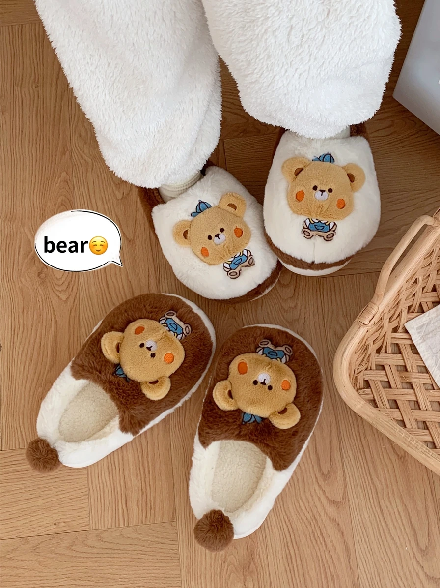 

Home Bedroom Warm Slippers Man Women Soft Thick Sole Plush Slipper For Couple Winter Cute Bear Household Slipper