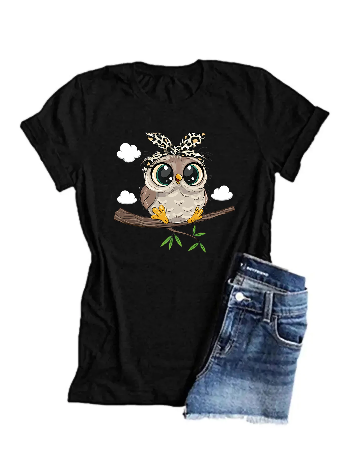 

Cartoon Kawaii Owl Print T-Shirt, Short Sleeve Crew Neck Casual Top For Summer & Spring, Women's Clothing