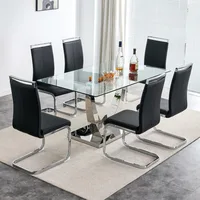 63” Glass Dining Table Set for 6,Modern Dining Room Table Set for 6,Kitchen Table and PU Leather Chairs for 6, Glass Top 1