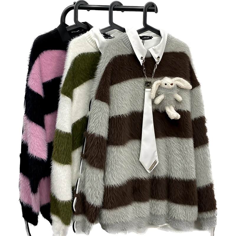 Three-Dimensional Rabbit Plush Knitwear Men's Winter New Ins Loose Retro Striped Couple's Tops Coat Oversized Sweater Clothes