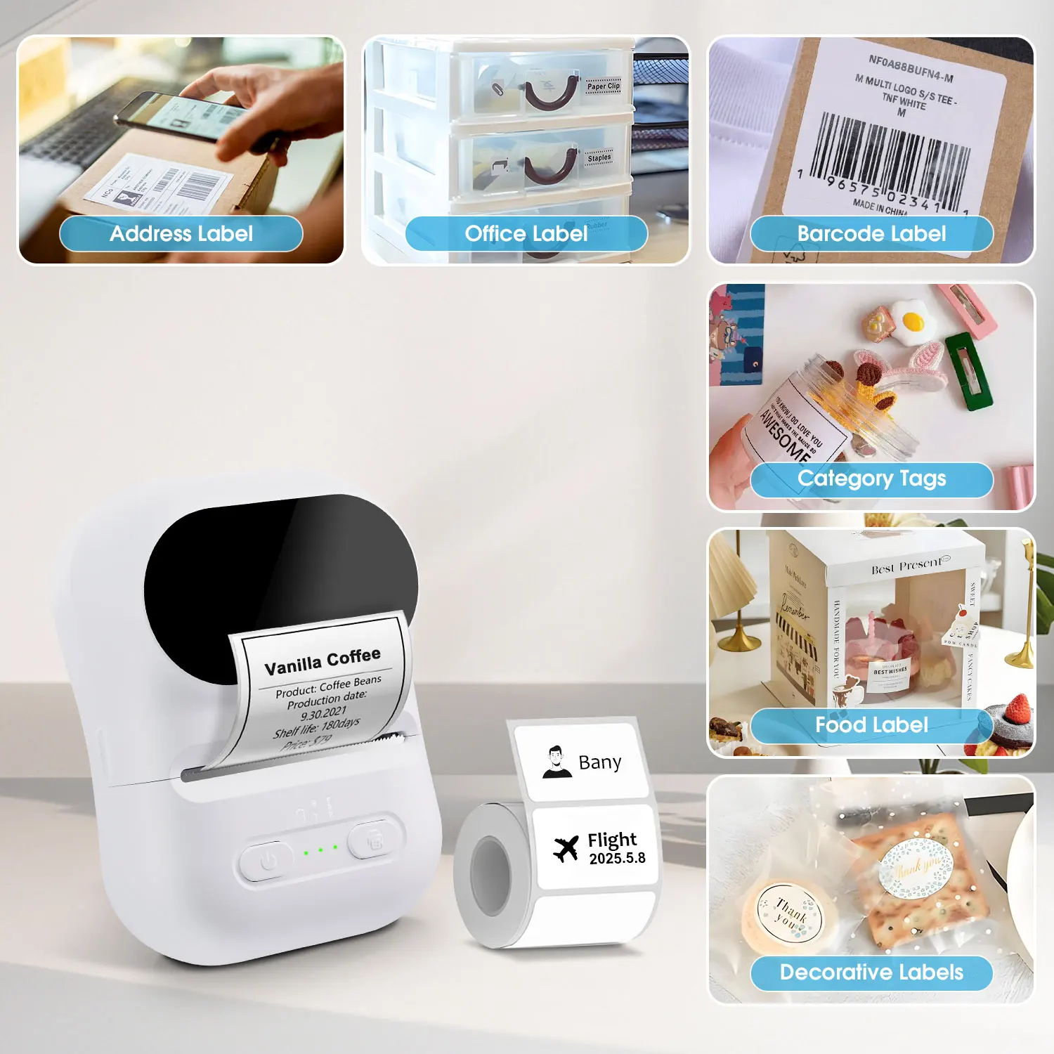 2인치 미니 감열 프린터 잉크 없음 무선 연결 호환 iOS 안드로이드 가정 및 사무실용 케이블 스티커 프린터