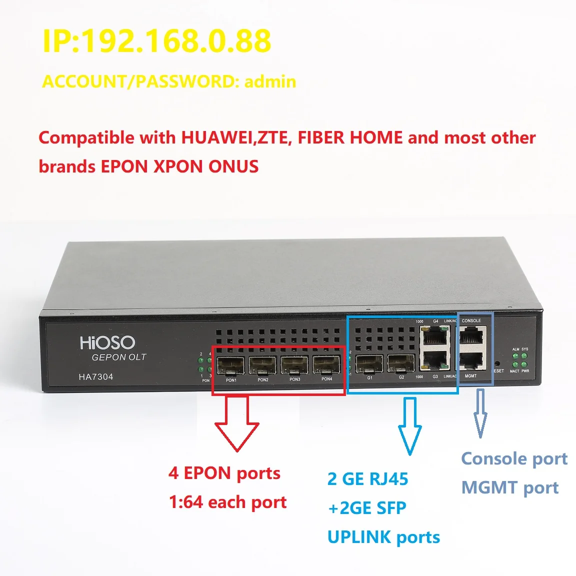 HIOSO-MINI 4PON EPON OLT 4Port AC 100-240V Original Manufacturer, HUAWEI ZTE Fiber, Home EPON XPON ONUS
