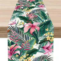 Spring Floral Green Leaf Linen Table Runner Holiday Party Decor Summer Tropical Flower Palm Leaves Table Runners for Table Decor 1