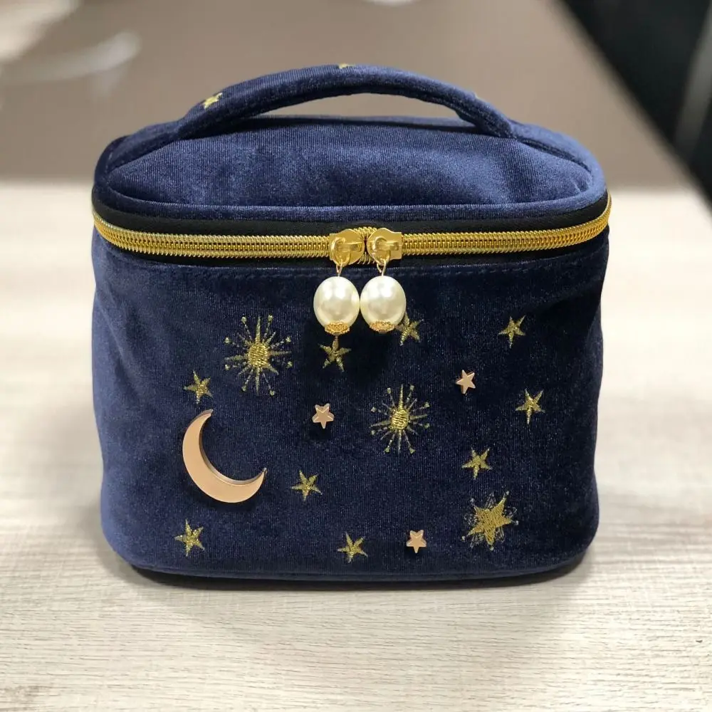 

Cute Moon Star Cosmetic Bag Tassel Decoration Velvet Portable Travel Organizer Large Capacity Embroidery Make Up Pouch Women