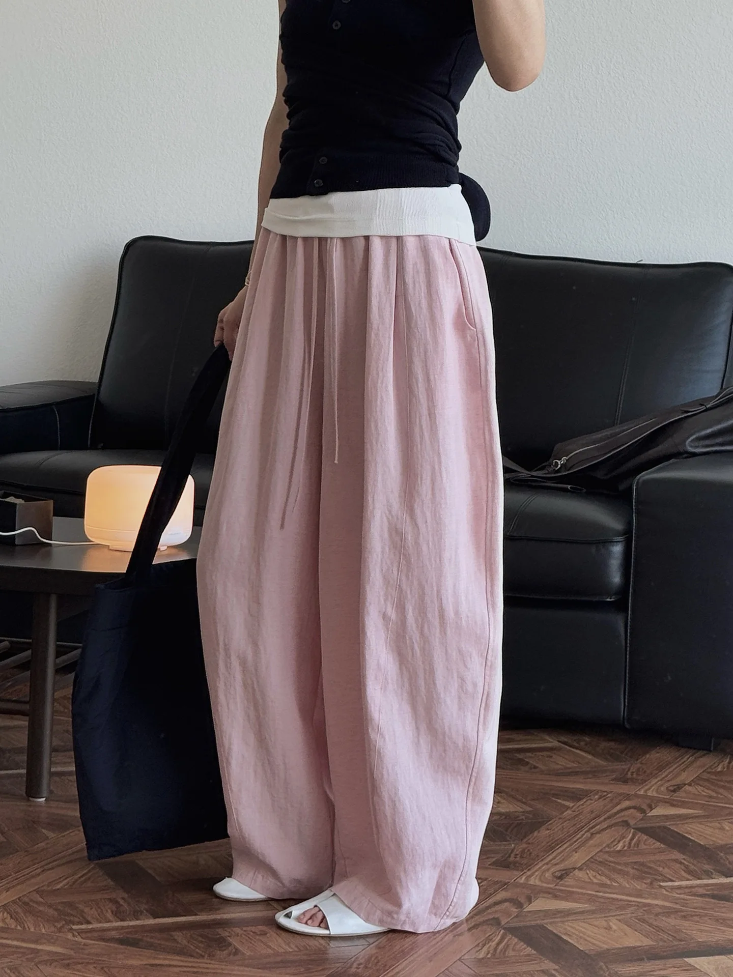 Spring and summer women's casual solid color high waist loose wide leg pants