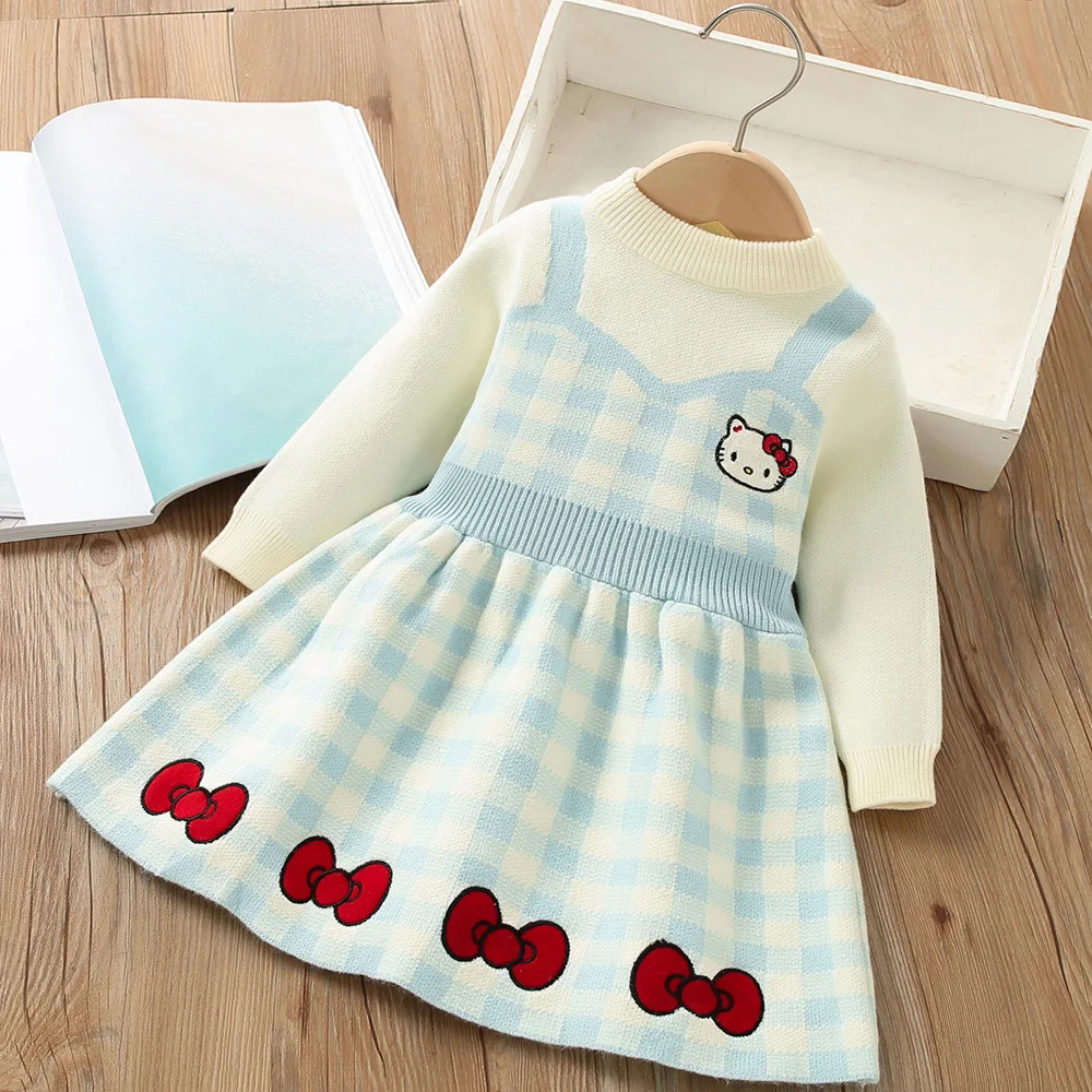 

Anime Sanrio Children's Knitted Dress Hello Kittys Cute Kawaii Sweater Dress Winter Embroidery Long Sleeve Toys for Girls Gift