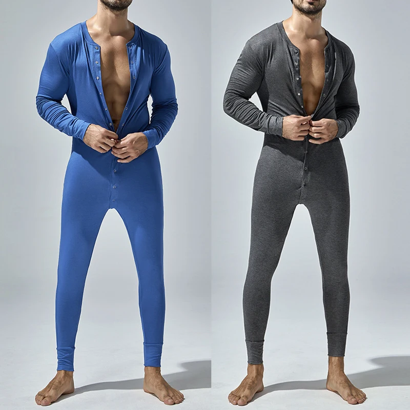 Men's Casual Solid Color Fashion Slim Fit Open Button Bodysuit Homewear Autumn Winter Pajamas for Adults Men's Sports Jumps