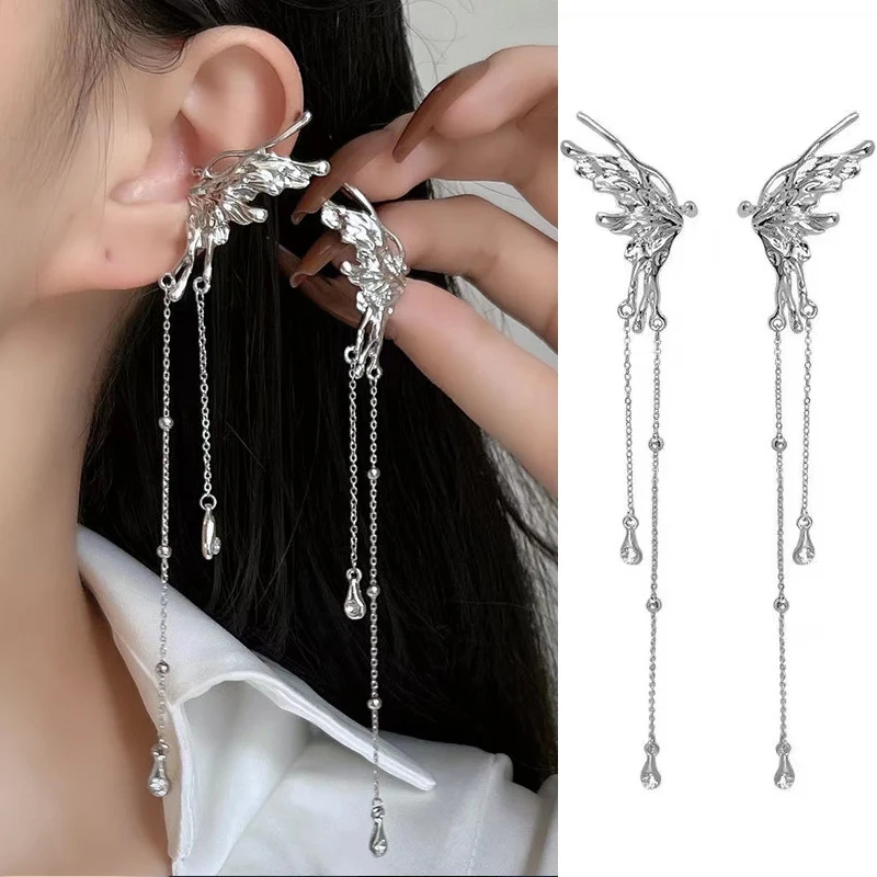 17KM Fashion Silver Color Metal Angel Wings Tassels Ear Clips Liquid Metal Butterfly Long Ear Cuff For Women Trendy New Jewelry