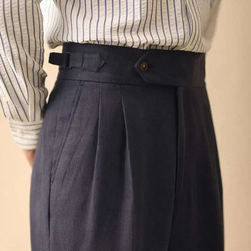 Linen Straight Pant Men Summer Business Gentleman Naples Pant Paris Buckle Drape High Waisted Trousers Men Formal