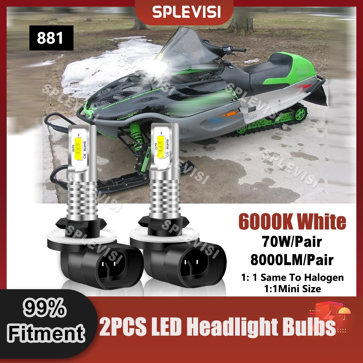 1 Pair Upgrade 881 LED Headlight Pure White For Arctic Cat ZR 500 1998 1999 2000 2001 2002 ZR 600 EFI 1998 1999 2000 2001 2002 2020 newest 2000 meter 7 led headlight for jk high low beam off road truck round laser 7 inch led headlight
