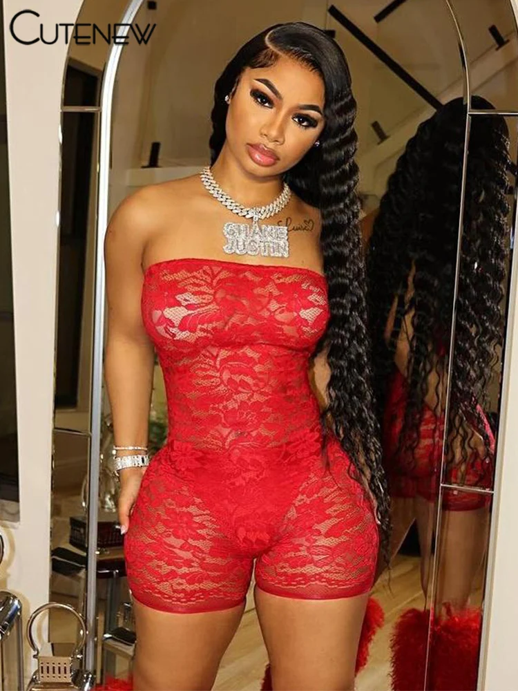 Mono sexy de encaje para mujer, liso, sin mangas, con escote en V, transparente, ajustado, ropa atractiva para mujer