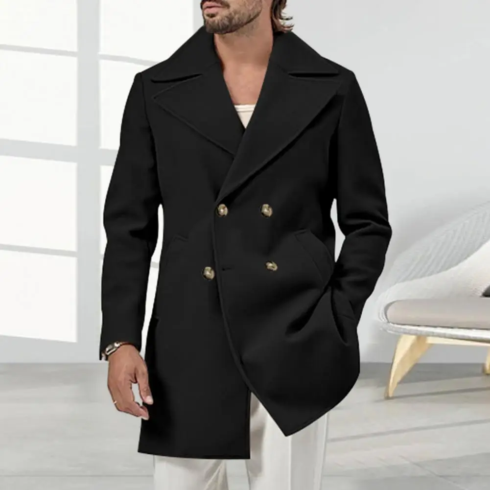 Double-breasted Coat with Pockets Double-breasted Mid-length Overcoat with Warm Pockets for Men Solid Color Thick Windproof Fall