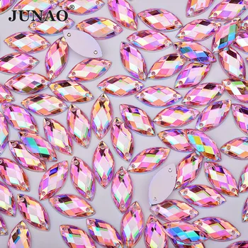 JUNAO 핑크 AB 재봉 라인석, 평평한 뒷면 말 눈, Strass 크리스털, 느슨한 아크릴 비즈 스톤, 바느질 작업용, 100pc 7*15mm