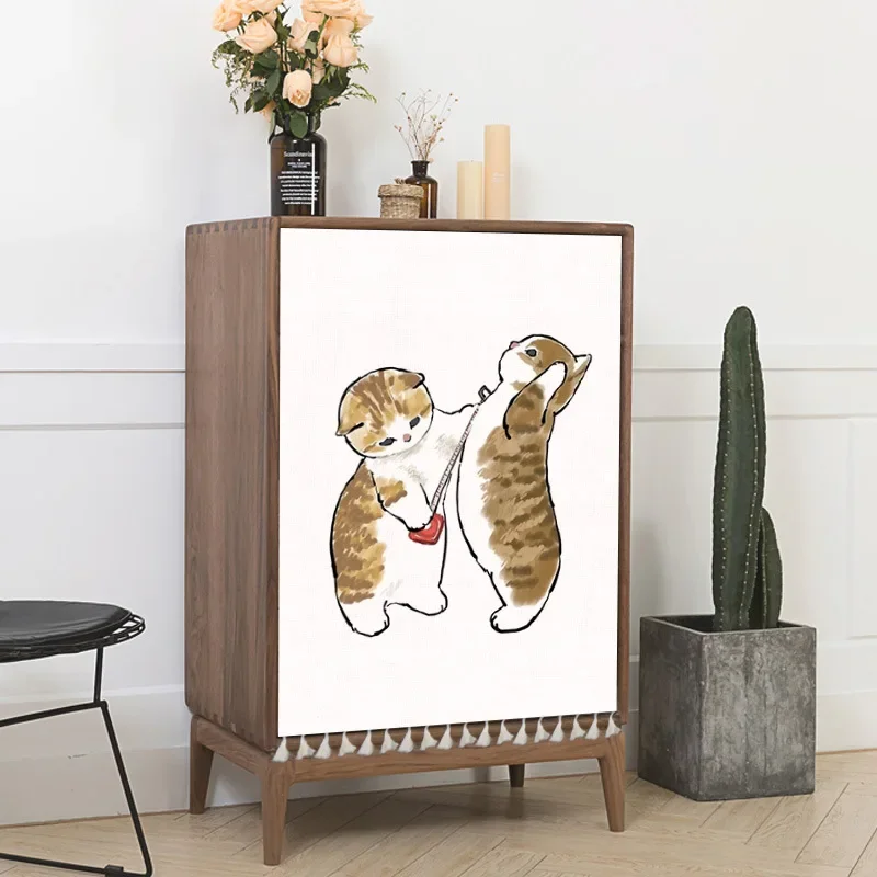 thumbnail image 1 of Cortinas cortas con dibujos de gatos para armarios, cortinas cortas con dibujos de animales, funda a prueba de polvo para estantes de zapatos, estantes de almacenamiento de cocina, cortinas para puert, 1 of 5