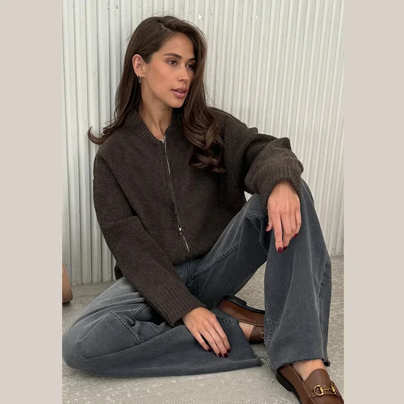 Autumn Winter Zipper O-neck Knitted Cardigans Women Solid Loose Long Sleeve Sweater Top Fashion Lady All-matching Knitwear