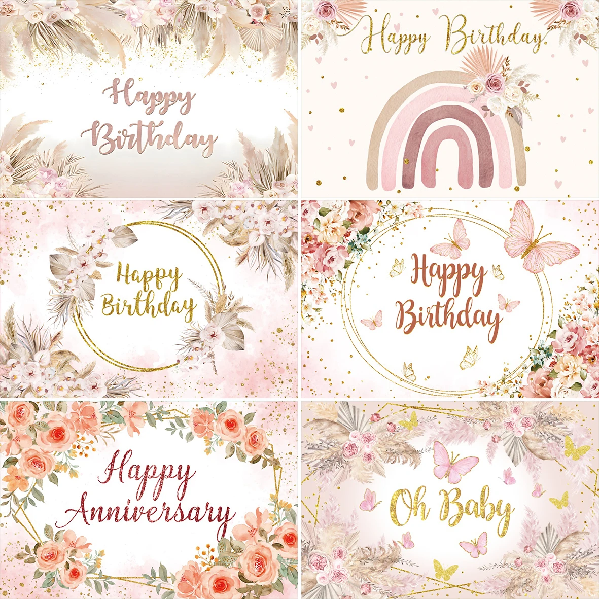 Laeacco Vinyl Happy Birthday Backdrop For Photography Gold Frame Pink Pampas Grass Flowers Baby Shower Photo Background photo backdrop