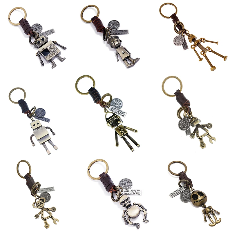 Llavero Vintage de Robot, Tejido a Mano, Cuero y Metal, Colgante Llavero Vintage de Robot, Tejido a Mano, Cuero y Metal, Colgante
