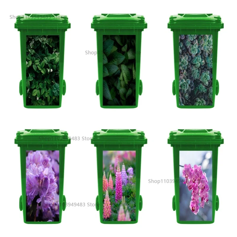 Flowering Plant Trash Can Mural Self-adhesive Waterproof Stickers for Recycling Wheelie Bin