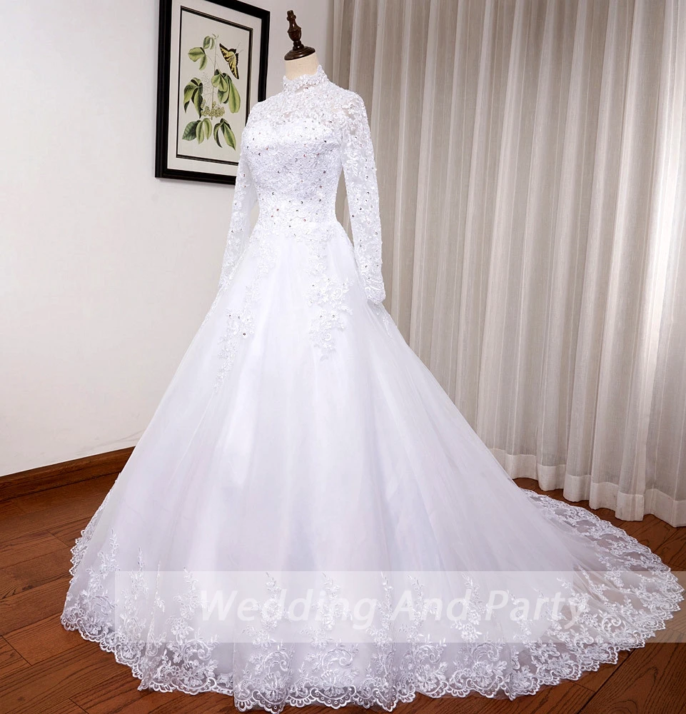 Elegant princess Wedding Dress ball gown plus size O neck long sleeve lace beading Muslim bridal wedding gown vestido De Noiva winter wedding dresses