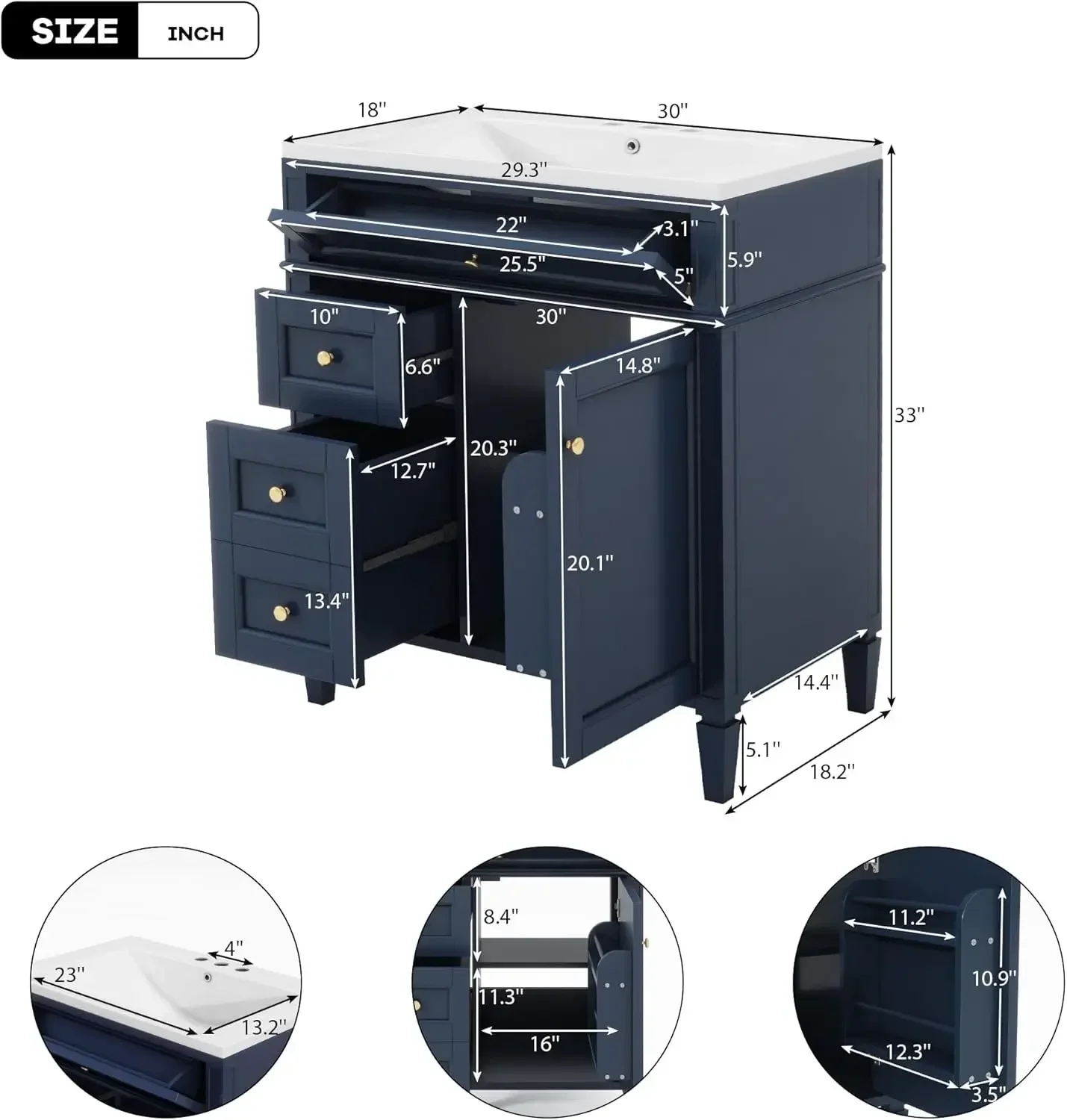 30" Bathroom Vanity with Single Sink Combo, Modern Undermount Bathroom Sink Cabinet with 2 Drawers Blue 2