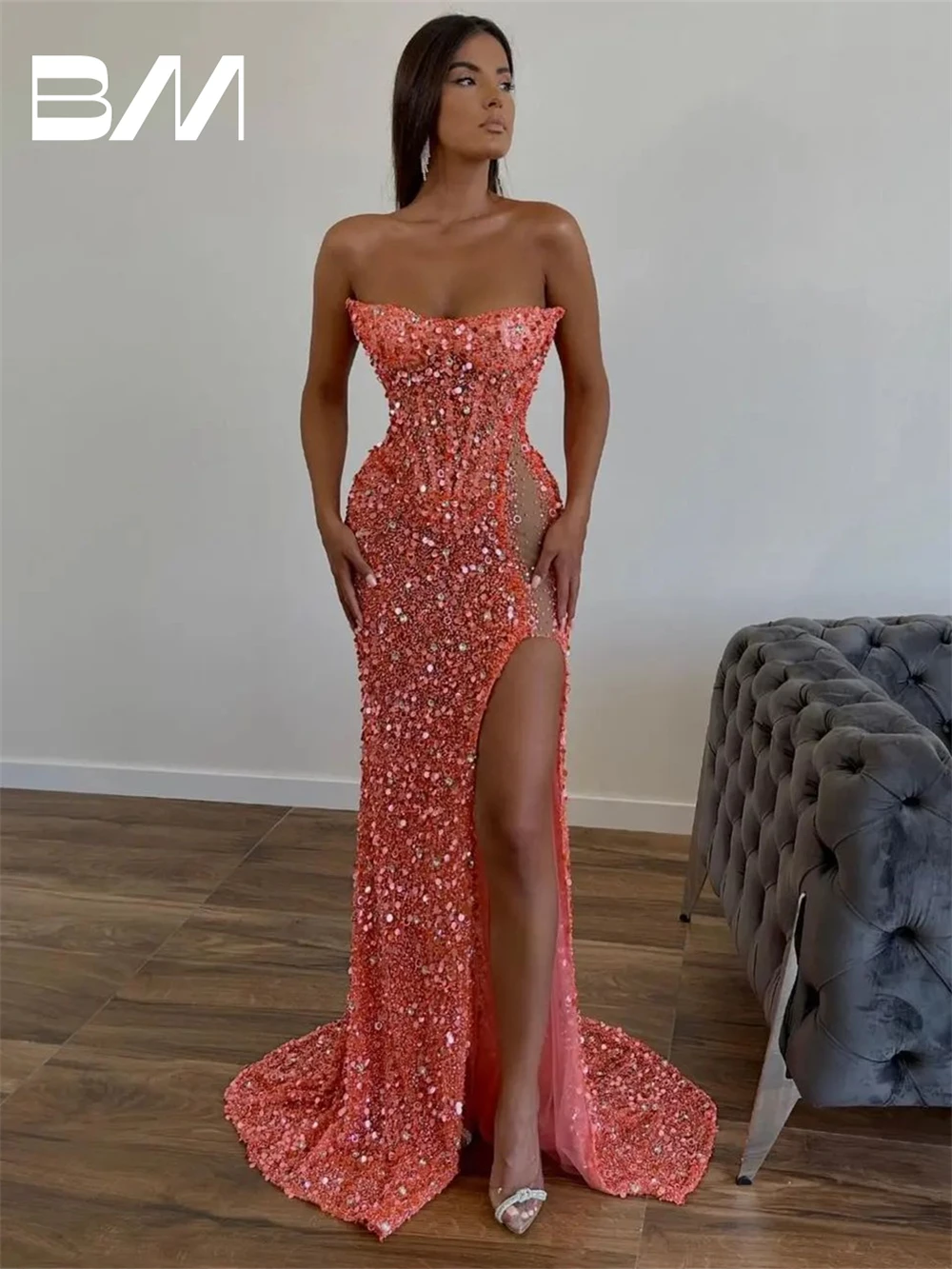 

Watermelon Strapless Sequined Prom Dress Side Thigh Slit Sexy Corset Pearls Long Evening Dresses robe de soriee Party Gown