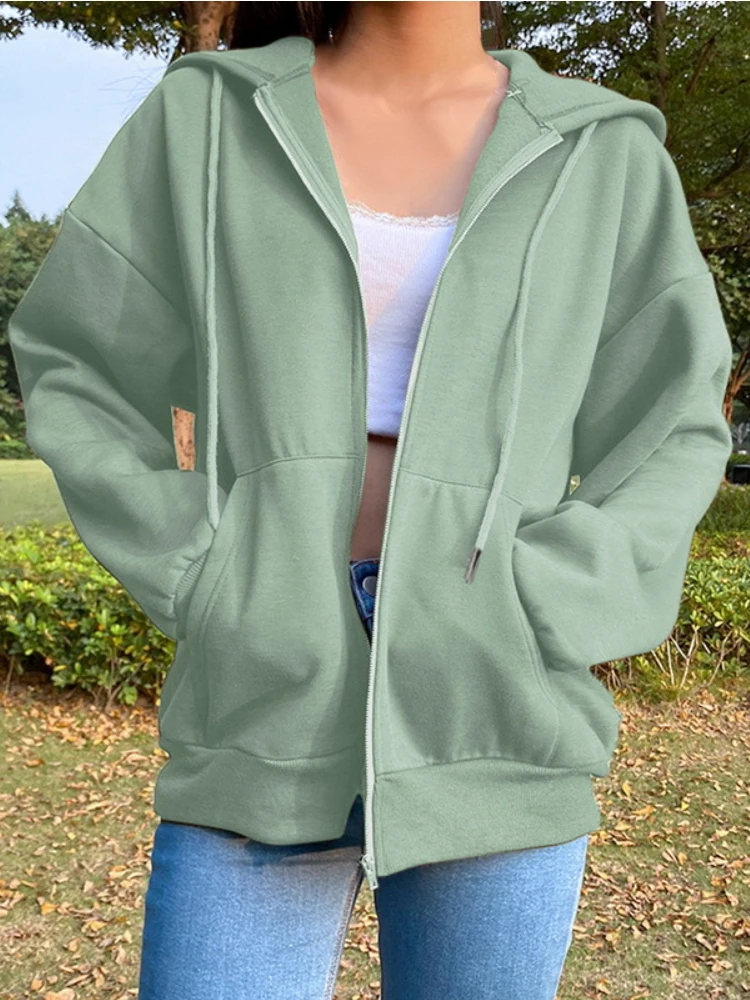 

Hoodies Women Pockets Long Sleeve Solid Color Lace-up Clothes Fashion Casual Commuting Korean Autumn Sweatshirt Zip Up Hoodie