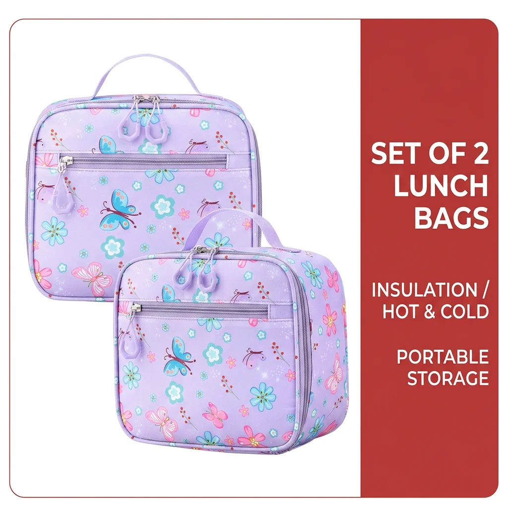 3-Piece Kids School Bag Set Butterfly Flower Print Water Resistant Lightweight Backpack With Insulated Lunch Bag Pencil Case 6
