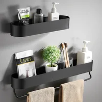 Black Bathroom Shelf Shower Basket Kitchen Storage Rack With Towel Bar Cosmetics Wall Shelves Bathroom Accessories 1