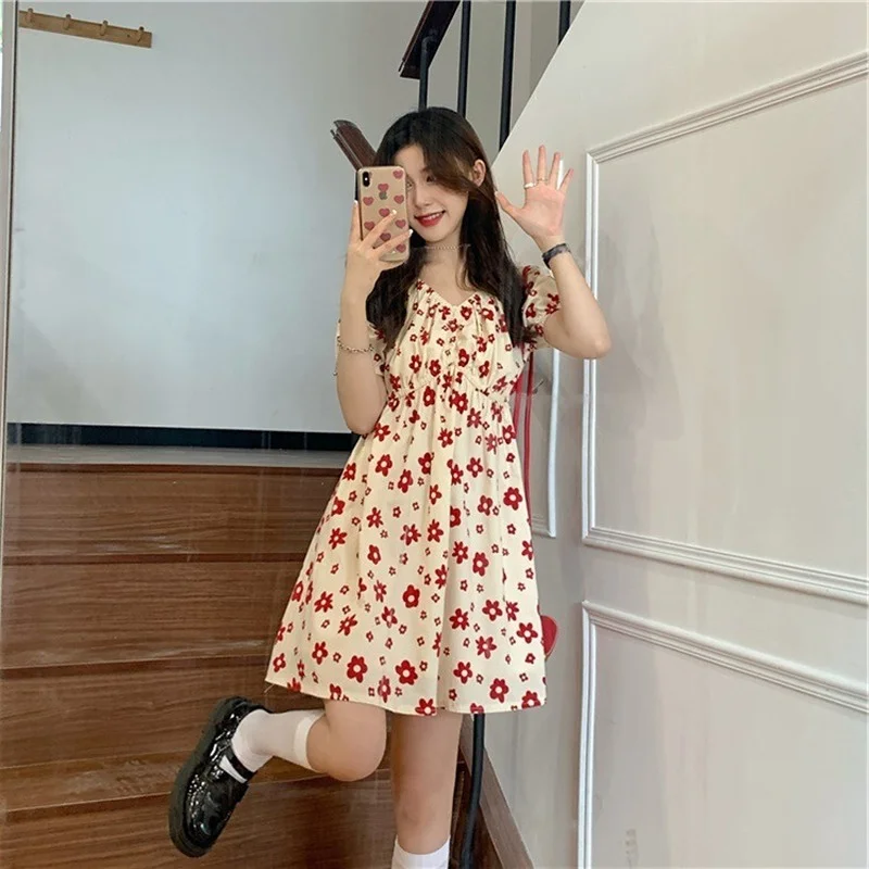 

Summer Pink Red Sweet Floral Dress Women Cute V-Neck Slim Short Sleeve Mini Dress Cottagecore French Sweet Girl Fariy Dresses
