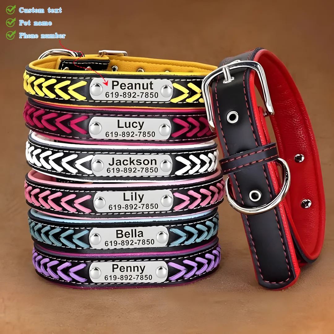 Customizable Weave Leather Dog Collar Personalized Dog Tag Engraved Puppy Nameplate Collar Adjustable Small Medium Large dog collar pet collar
