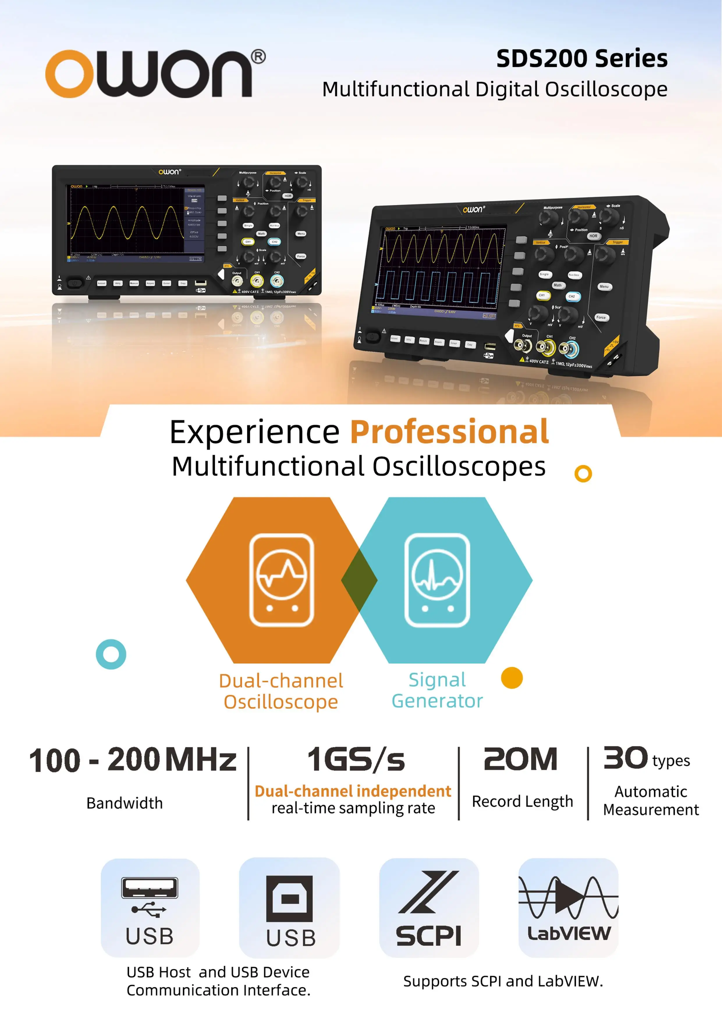 SDS200 Series Digital Oscilloscope 100-200MHz Bandwidth 2-Channel 25MHz Arbitrar