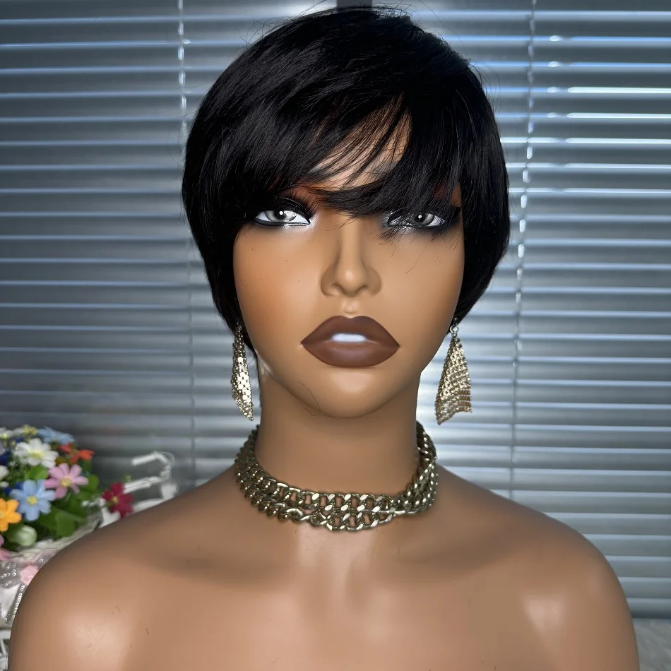 

Короткий парик фея из человеческих волос, Боб, женские парики для черных женщин, Прямой полный парик машинной работы, бразильский безклеевой женский парик