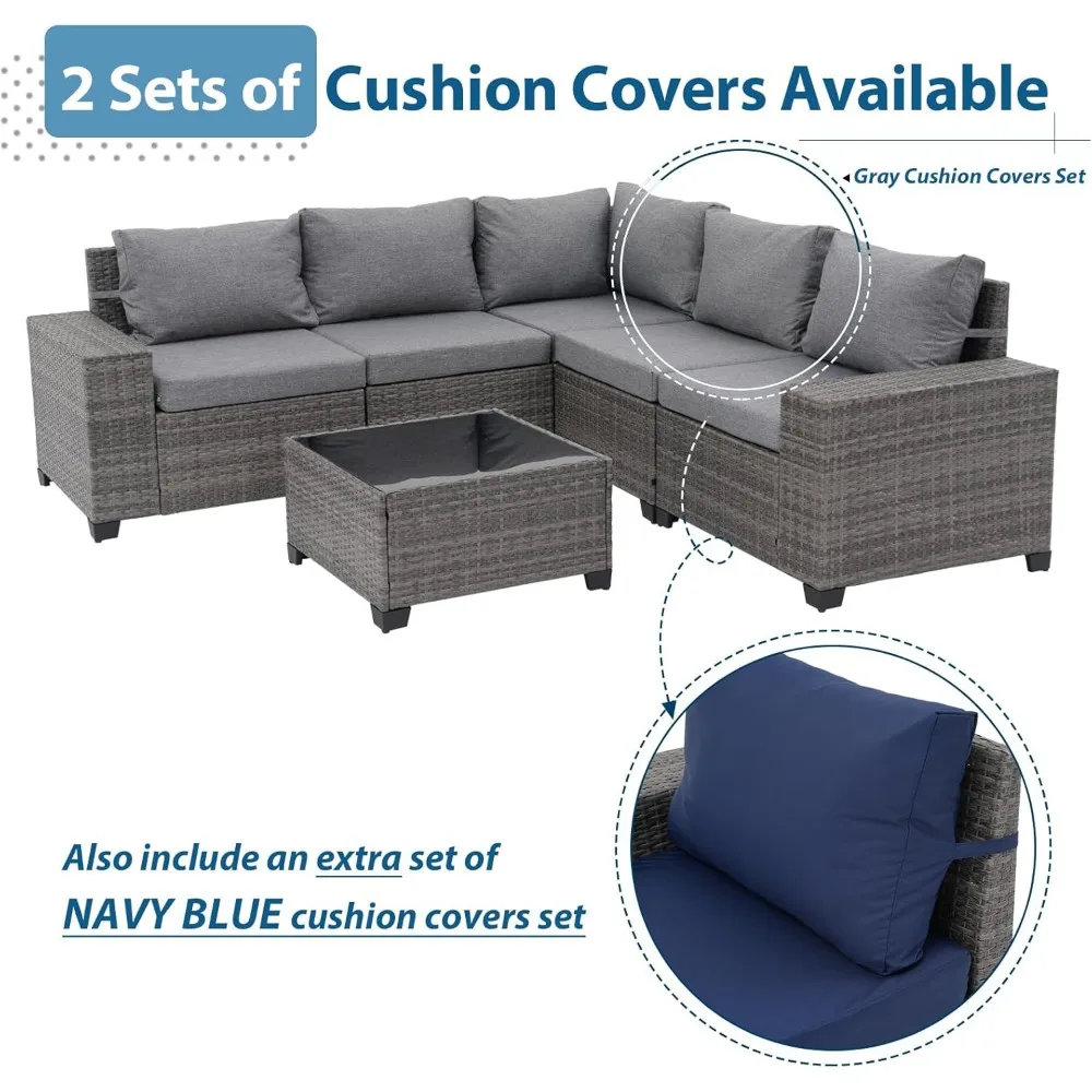 Rattan Patio Sectional Sofa Conversation Set with Coffee Table, PE Wicker L-Shaped Sofa Set for Garden, Garden Sofas 5
