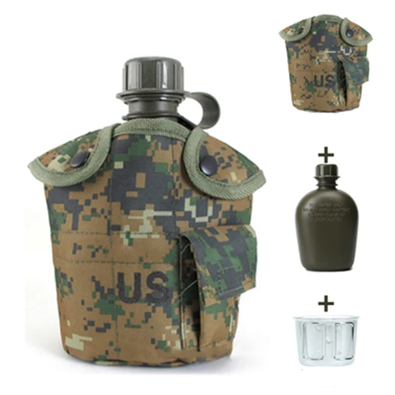 Outdoor Camouflage Water Bottle Water Canteen Kettle with Pouch Cup Set for Camping Hiking Backpacking Cup 1L